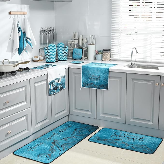 Fourluoo 10 Pcs Landscape Kitchen Dish Towels Rugs Oven Mitts and Pot Holders Set Farmhouse Kitchen Decor Set for Women Mom Daughter Gift Cooking Baking Grilling (Ocean Green)