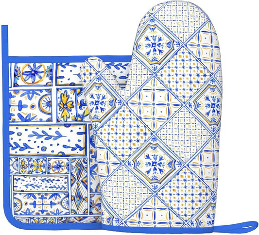 Blue Boho Geometric Silicone Oven Mitts Pan Mats Set of 2, Heat Resistant Gloves Potholder with Non-Slip Grips Hanging Loops Pot Holder, Spring Summer for Chef Cooking, Baking, Grilling, BBQ