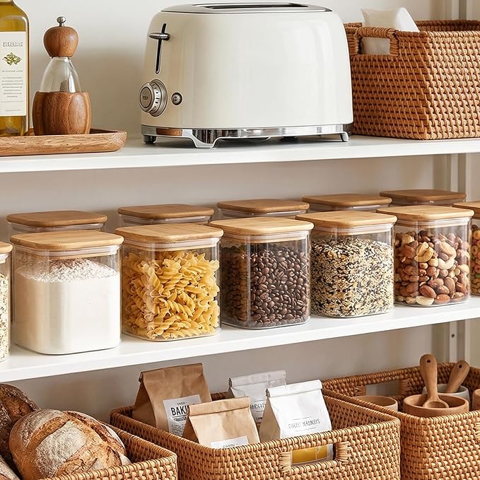 Moretoes 6 Pack 0.6qt Square Glass Storage Containers with Bamboo Press Lids, Airtight Food Storage Jars for Pantry, Spices, Dry Goods