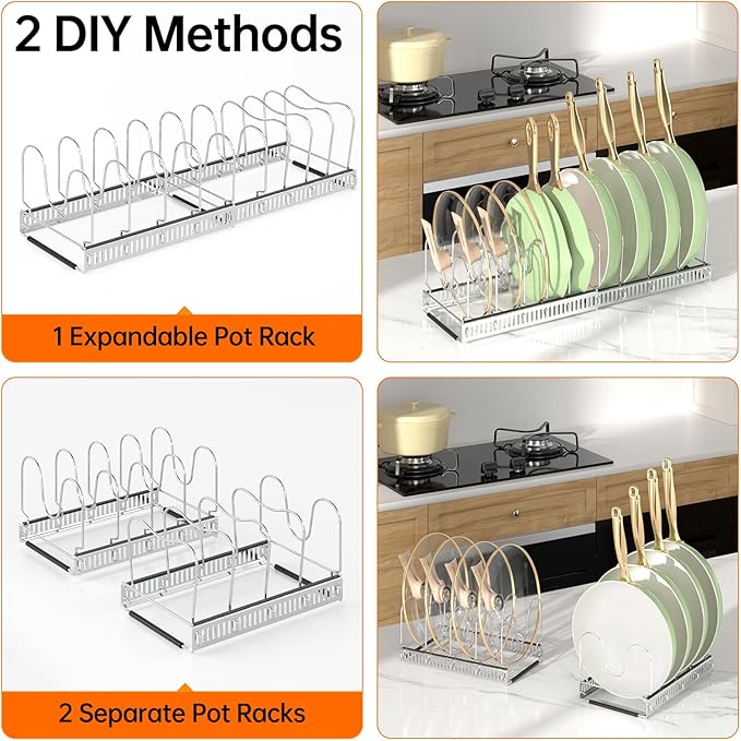 MUDEELA Pots and Pans Organizer Rack for under Cabinet, Expandable Pot Lid Kitchen Cabinet Organizer Holder with 10 Adjustable Compartment Cutting Board Organizer for Pan Lid Cookie Sheet Rack, Silver - Image 5