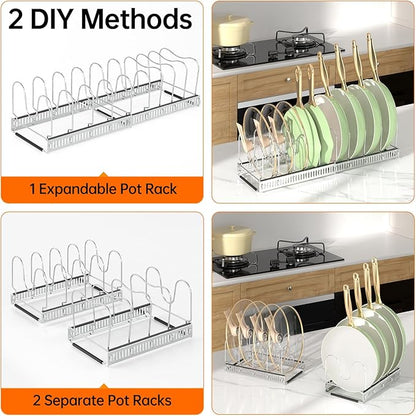 MUDEELA Pots and Pans Organizer Rack for under Cabinet, Expandable Pot Lid Kitchen Cabinet Organizer Holder with 10 Adjustable Compartment Cutting Board Organizer for Pan Lid Cookie Sheet Rack, Silver - Image 5