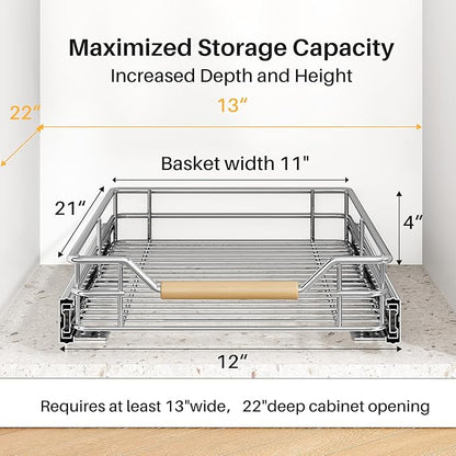 Pull out Cabinet Organizer, 12"W X 21"D, Heavy Duty Smooth Sliding Under Cabinet Shelves for Pots and Pans, Full-Extension Roll out Drawers, Slide out Organization for Home Kitchen Pantry - Image 3