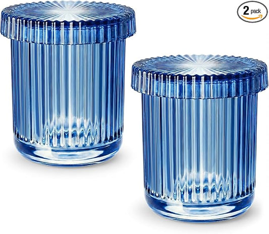 2 Pack Qtip Holder - Apothecary Jars with Lids, Bathroom Organizers and Storage Canister for Cotton Balls,Swabs,Floss Picks,Hair Ties,Clear Glass Vintage Bathroom Decor Jar Set (Blue2)