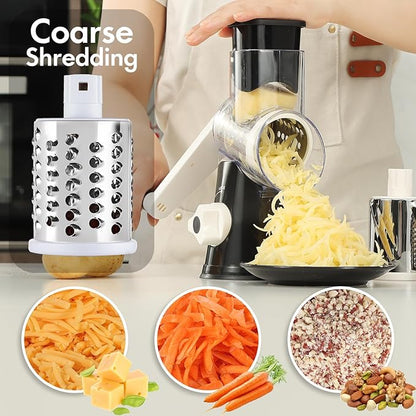 Cheese Grater Hand Crank, Rotary Vegetable Shredder with Handle and Strong Suction base, 3 in 1 Kitchen Speed Spin Veggie Slicer Nut Grinder for Pizza Top, Hash brown, Salad and More (Black) - Image 2