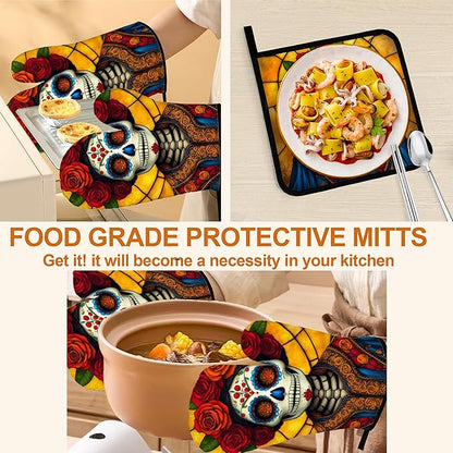Flower Skull Oven Mitts with Matching Potholders - Heat Resistant Kitchen Accessories for Baking, Grilling, Cooking, Gifts for Women