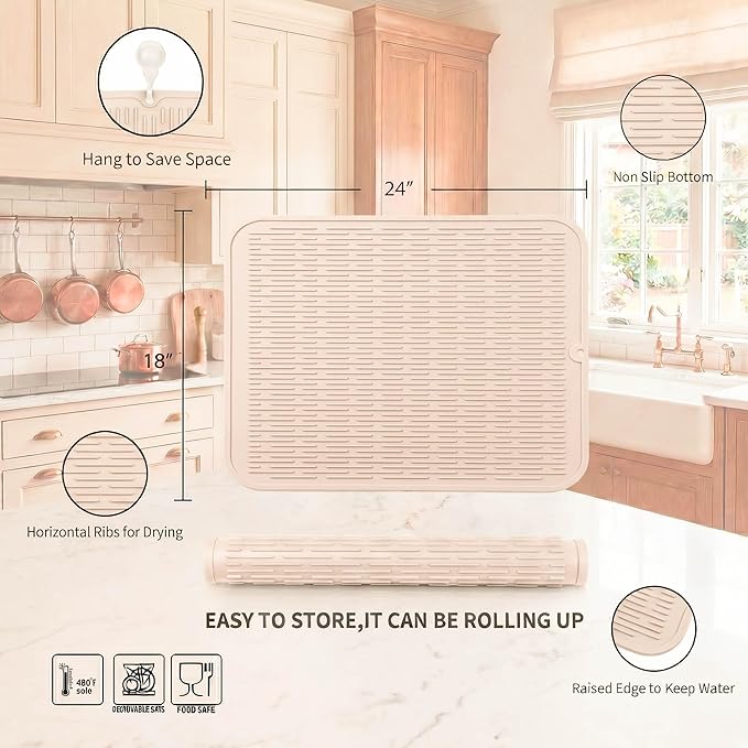 MicoYang Silicone Dish Drying Mat for Multiple Usage,Easy clean,Eco-friendly,Heat-resistant Silicone Mat for Kitchen Counter or Sink,Refrigerator or Drawer Liner Tapioca 2XL 24 inches x 18 inches - Image 2