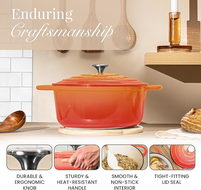 Cast Iron Dutch Oven with Lid – Non-Stick Ovenproof Enamelled Casserole Pot – Sturdy Dutch Oven Cookware – Orange, 7.3-Quart, 30cm – by Nuovva - Image 7