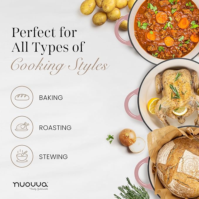 Nuovva Enamelled Cast Iron Dutch Oven Pot with Lid 6.4 Quart Non Stick Casserole Pot – Heavy Duty & Oven Safe up to 500° F for Bread Baking, Braising, Stews, Roasting – 28cm Pink - Image 9