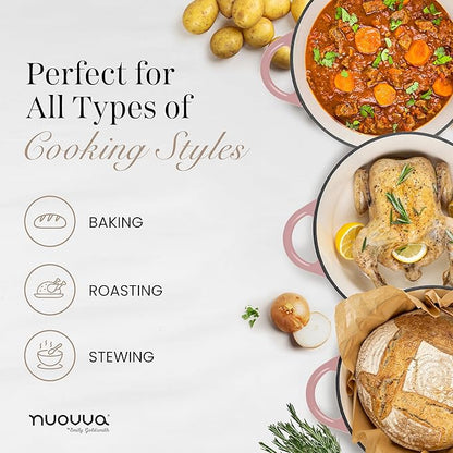 Nuovva Enamelled Cast Iron Dutch Oven Pot with Lid 6.4 Quart Non Stick Casserole Pot – Heavy Duty & Oven Safe up to 500° F for Bread Baking, Braising, Stews, Roasting – 28cm Pink - Image 9