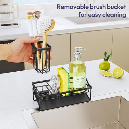 SWTYMIKI Sink Caddy Sponge Holder - Kitchen Sink Organizer with Stainless Steel Self Drain Tray & High Brush Holder for Countertop to Hold Dish Soaps and Sponges, Stainless Steel, Black - Image 4