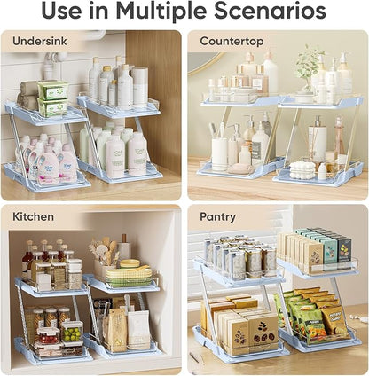 3 Pack Bathroom Organizers and Storage - Multi-Purpose,2-Tier Clear Pull Out Organization for Bathroom,Under Sink,Kitchen,Vanity,Countertop,Cabinet,Pantry & Medicine Cabinet,Blue