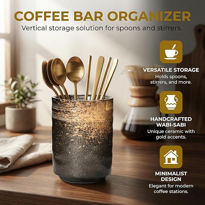 Ceramic Spoon Holder for Coffee Bar, Upright Tea Spoon Holder Cup, Coffee Stirrers Straws Stir Stick Holder, Blue Strips - Image 4