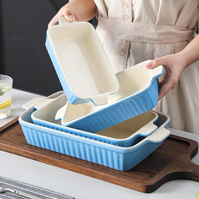 MALACASA Casserole Dishes for Oven, Porcelain Baking Dishes, Ceramic Bakeware Sets of 4, Rectangular Lasagna Pans Deep with Handles for Baking Kitchen, Blue (9.4"/11.1"/12.2"/14.7"), Series BAKE.BAKE - Image 7