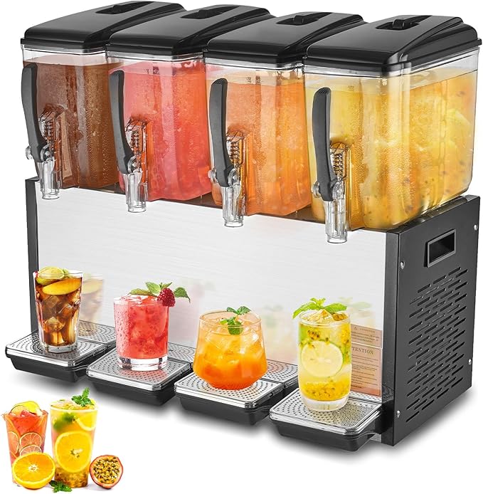 VEVOR Commercial Beverage Dispenser, 4 Tanks 12 L / 12.7 QT Per Tank Juice Dispenser, 510W Stainless Steel Ice Tea Drink Machine with 45°F-54°F Cooling Temperature, for Cold Drink Restaurant Bar Party by VEVOR