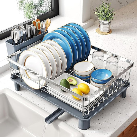 SNTD Dish Drying Rack - Small Dish Rack for Kitchen Counter, Stainless Steel Dish Drainer with Utensil Holder and Drainboard, 11" W x 15" L (Silver) by SNTD