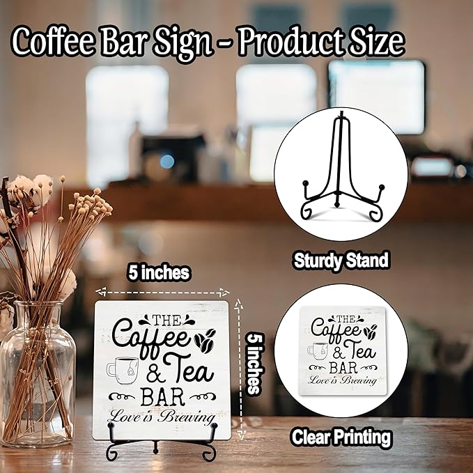 Coffee Bar Sign, Love is Brewing Farmhouse Tabletop Decor, Coffee and Tea Lover Gifts, 5x5 Wood Plaque with Iron Stand for Home Kitchen Cafe, Coffee Bar Decor – L07 - Image 2