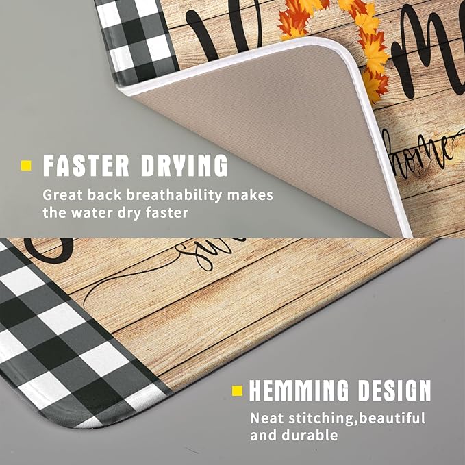 Giwawa Home Sweet Home Dish Drying Mat 16x18 Inch Fall Autumn Maple Leaf Wreath Dish Drainer Mats Rustic Brown Wood Board Microfiber Dish Drying Rack Pad for Kitchen Countertop Farmhouse Decor