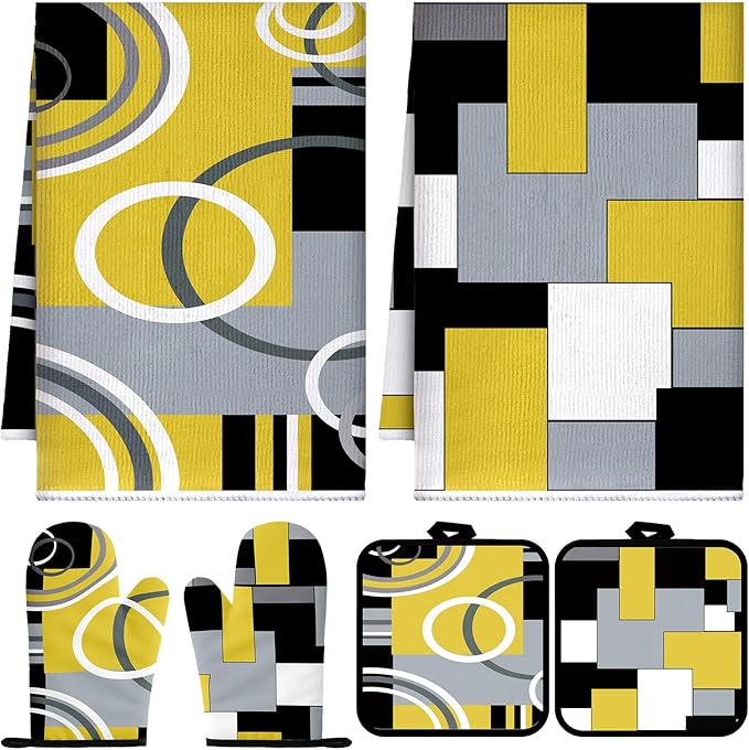 Jingmore 6 Pcs Kitchen Decor Set Accessory Farmhouse Kitchen Towels Pot Holders Oven Mitts Set 2 Dish Towels 2 Pot Holders 2 Cooking Mittens Oven Glove for Cooking(Black, Yellow, Gray,Geometric) by Jingmore