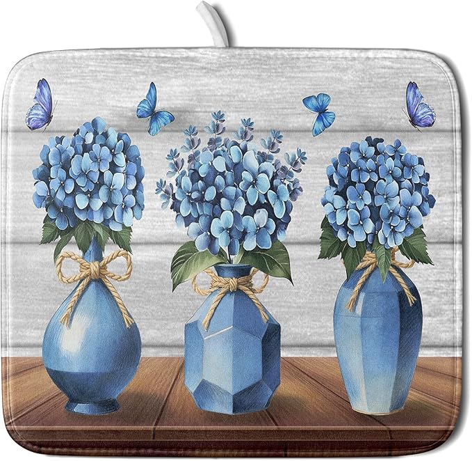 Giwawa Blue Hydrangea Dish Drying Mat for Kitchen Vintage Wood Board Floral Butterfly Dish Drainer Mats 16x18inch Rustic Flowers Dish Drying Rack Pad Protector for Countertop Dining Decor