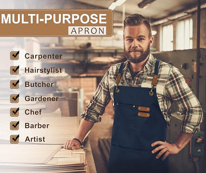 RUVANTI Work Aprons for Men, Oil & Water Repellent, PolyCotton Cross Back Aprons for Women with Pockets, Adjustable up to XXL, Chef Aprons for Cooking, Grilling, Welding, Woodworking - Blue Aprons