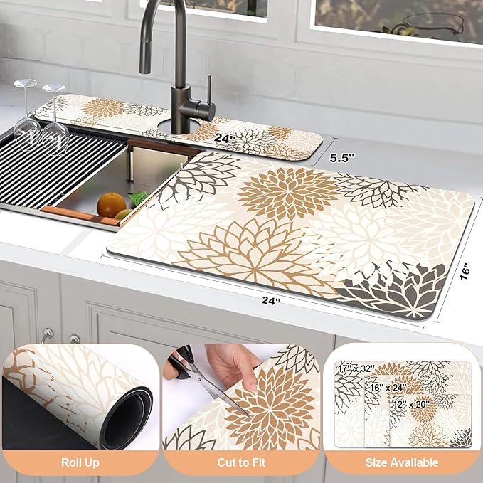 Findosom 2PCS 16" x 24" Dish Drying Mat & 24" x 5.5" Sink Splash Guard, Super Absorbent & Cuttable Dish Mat Drying Kitchen Mat with Brown Floral, Hide Stain Drying Mat for Kitchen Counter - Image 2