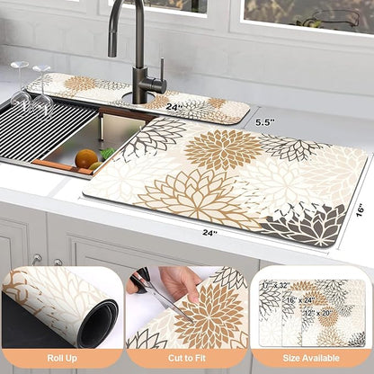 Findosom 2PCS 16" x 24" Dish Drying Mat & 24" x 5.5" Sink Splash Guard, Super Absorbent & Cuttable Dish Mat Drying Kitchen Mat with Brown Floral, Hide Stain Drying Mat for Kitchen Counter - Image 2