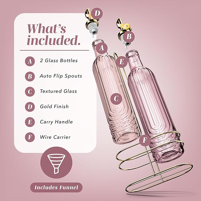 COOK WITH COLOR Glass Olive Oil Bottle Dispenser - 2 Pack- 17oz Oil and Vinegar Cruet - Olive Oil Carafe Decanter for Kitchen, Elegant Fluted, Pink - Image 2