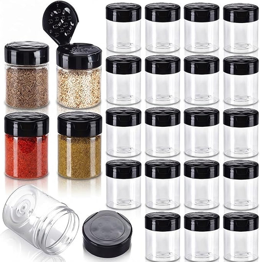 Blushtier 24 Pack 1 oz Plastic Spice Jars with Shaker Lids Clear Seasoning Containers Bottles Round Mini Spice Shakers for Kitchen Storing Herbs Seasoning Powders