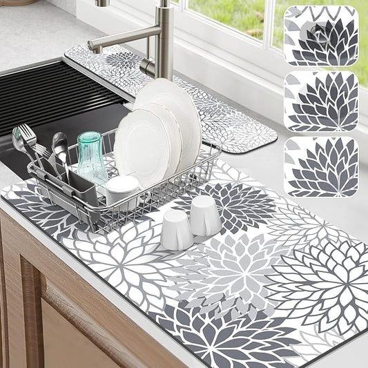 Findosom 2PCS 17" x 32" Dish Drying Mat & 24" x 5.5" Sink Splash Guard, Super Absorbent & Cuttable Dish Mat Drying Kitchen Mat with Gray Floral, Hide Stain Drying Mat for Kitchen Counter by Findosom