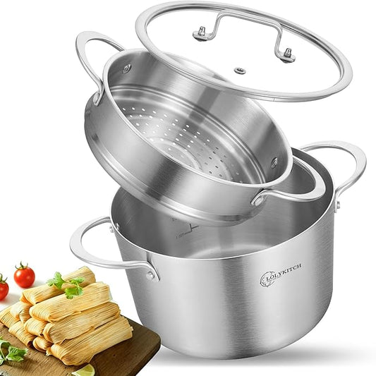 LOLYKITCH 5 Quart Stainless Steel Steamer Pot with Glass Lid, 3-Ply Steaming Pot for Cooking, 2 Tier Induction Steamer Pot for Tamales Seafood Vegetables Dumplings Stock Pot, Thick