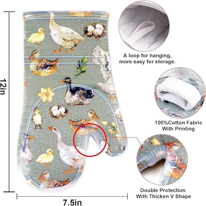Oven Mitts Set of 2 with Transparent Clear Silicone Shell and Nice Duck Printing Cotton Lining, Heat Resistant to 500 F Kitchen Oven Gloves Pot Holder for Cooking (Wathet Blue, Oven Mitts) - Image 2