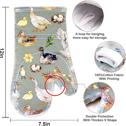 Oven Mitts Set of 2 with Transparent Clear Silicone Shell and Nice Duck Printing Cotton Lining, Heat Resistant to 500 F Kitchen Oven Gloves Pot Holder for Cooking (Wathet Blue, Oven Mitts) - Image 2
