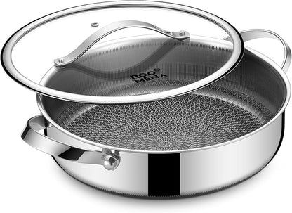 Roomena Frying Pans Nonstick with Lid, Hybrid Ceramic Nonstick Tri-Ply Saute Pan with Lid, PFAS/PFOA/PTFE Free, Metal Utensil Safe, Dishwasher & Oven Safe, Induction Compatible
