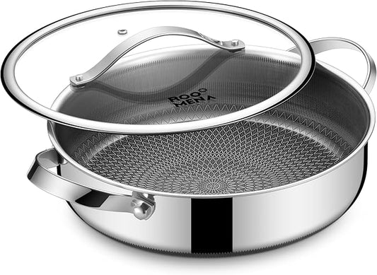 Roomena Frying Pans Nonstick with Lid, Hybrid Ceramic Nonstick Tri-Ply Saute Pan with Lid, PFAS/PFOA/PTFE Free, Metal Utensil Safe, Dishwasher & Oven Safe, Induction Compatible