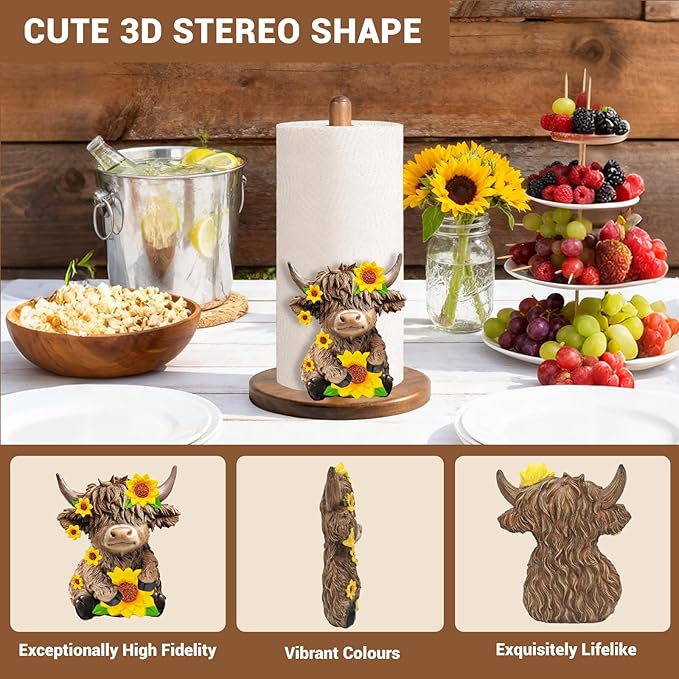 Highland Cow Paper Towel Holder, Cute Highland Cow Decor for Farmhouse Kitchen Bathroom Countertop, Wooden Stand with 3D Accent, Fits Standard & Jumbo Rolls, Gifts for Women Mom Grandma