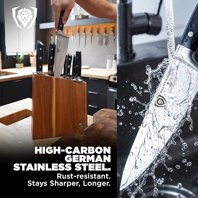 Dalstrong 8-Piece Knife Block Set — German High-Carbon Steel, Full-Tang, Hand-Polished 14–16° Edge — Gladiator Series For First Real Kitchens, New Homeowners & Apartment Cooks — Acacia Block, NSF - Image 4