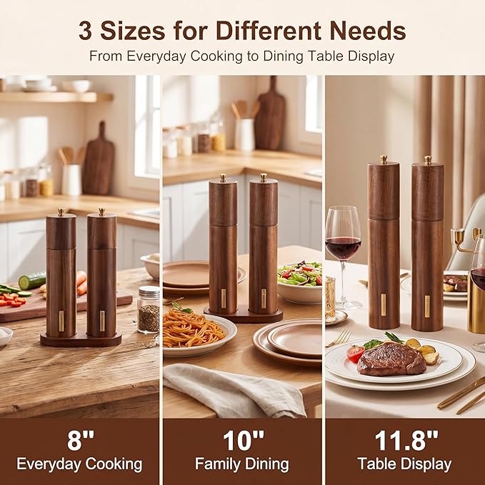 Wooden Salt and Pepper Grinder Set 8 Inch Manual Salt and Pepper Mill with Tray Adjustable Coarseness Refillable Wood Grinders with Gold Bottle Label for Kitchen Christmas Home Gift(Wood Color) - Image 4