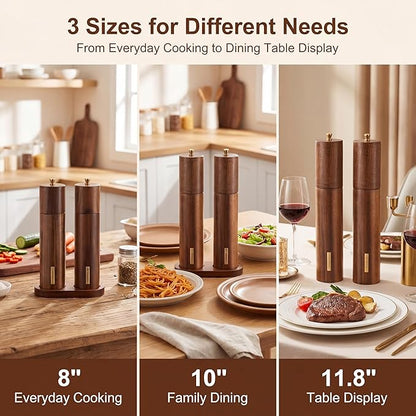 Wooden Salt and Pepper Grinder Set 8 Inch Manual Salt and Pepper Mill with Tray Adjustable Coarseness Refillable Wood Grinders with Gold Bottle Label for Kitchen Christmas Home Gift(Wood Color) - Image 4