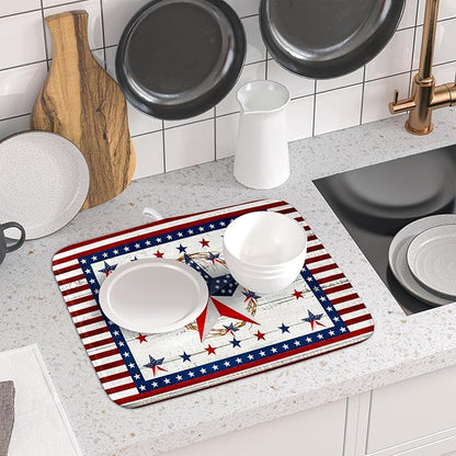 Giwawa Patriotic Stars Dish Drying Mat 4th of July America Star Wreath Dish Drainer Mats for Kitchen Countertop 16"x18" Rustic Independence Day Reversible Dish Drying Pad Small Decor