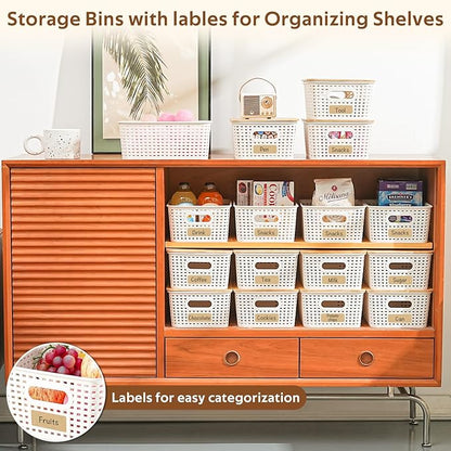 8 Pack Plastic Storage Bins with Bamboo Lids - Stackable Storage Baskets with Handle for Pantry Organizer and Storage, Plastic Containers Bins Lidded Storage Bins for Classroom Office Shelves