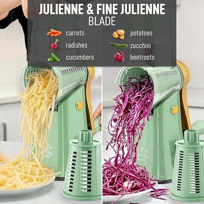 Zulay Kitchen Rotary Cheese Grater 5 Blade Cheese Shredder - Manual Hand Crank Cheese Grater With Reinforced Suction & 5 Interchangeable Drums - Easy to Use, Vegetable Chopper Round Mandoline Slicer - Image 6