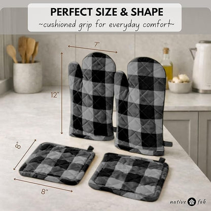 Native Fab Buffalo Plaid Check Oven Mitts and Pot Holders Set of 4, 100% Cotton Heat Resistant Kitchen Gloves, 2 Oven Mitts (7x13), 2 Pot Holders (8x8) for Cooking & Baking, Ash Grey Black - Image 6