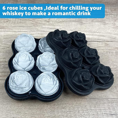 CAMKYDE Rose Ice Cube Tray 2 Inch [1 Mold + 1 Funnel + 6 Stoppers], 6 Cavity Silicone Rose Ice Cube Mold for Whiskey, Chilling Cocktails, Bourbon, Juice (Black)