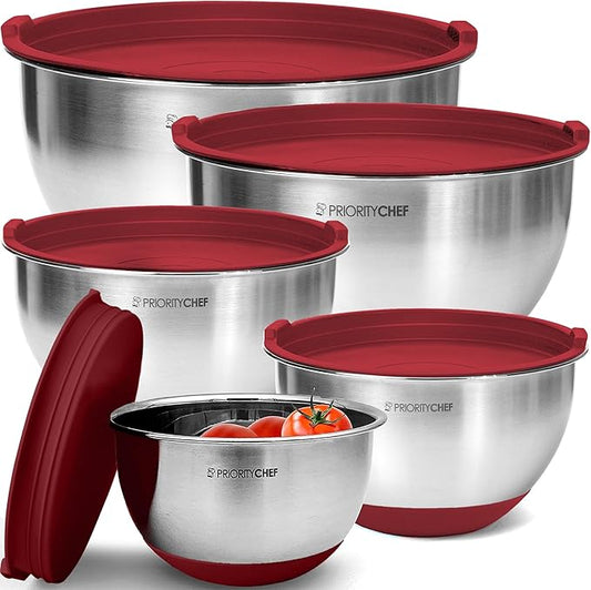Priority Chef Premium Mixing Bowls With Airtight Lids Set, Thicker Stainless Steel Mixing Bowl Set, Large Prep Metal Bowls with Lids, Nesting Bowls for Kitchen, 1.5/2/3/4/5 Qrt, Red by PriorityChef