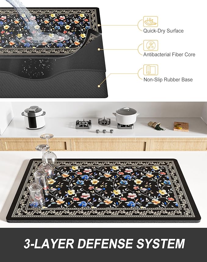 Rnivvi Dish Drying Mat for Kitchen Counter, 12 x 19" Cute Flower Theme Super Absorbent Draining Pad, Non-Slip Heat Resistant Coffee Bar Mat for Coffee Machine Station Accessories, Retro Dish Rack Pad - Image 4