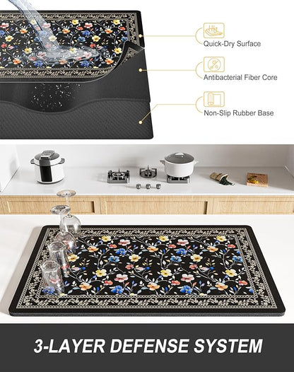 Rnivvi Dish Drying Mat for Kitchen Counter, 12 x 19" Cute Flower Theme Super Absorbent Draining Pad, Non-Slip Heat Resistant Coffee Bar Mat for Coffee Machine Station Accessories, Retro Dish Rack Pad - Image 4