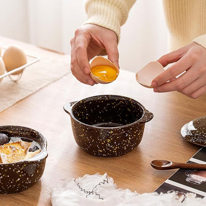 10 Oz Ceramic Mini Cocotte Set 4-Pack, Oven Safe Stoneware Casserole Dishes with Lids Handles, Individual Ramekins for Baking Soufflé Soup Cobbler,Brown