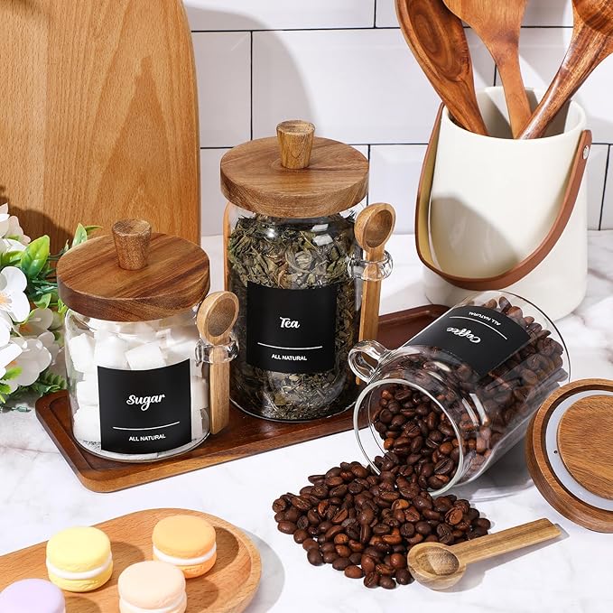 Suclain 3 Pcs Glass Coffee Container with Wooden Lid Spoon Shelf Labels Clear Airtight Jar Food Storage Canister Set for Sugar Spice Coffee Bean Holder Housewarming Gift(13.5,20,25 oz,Acacia Brown) - Image 4