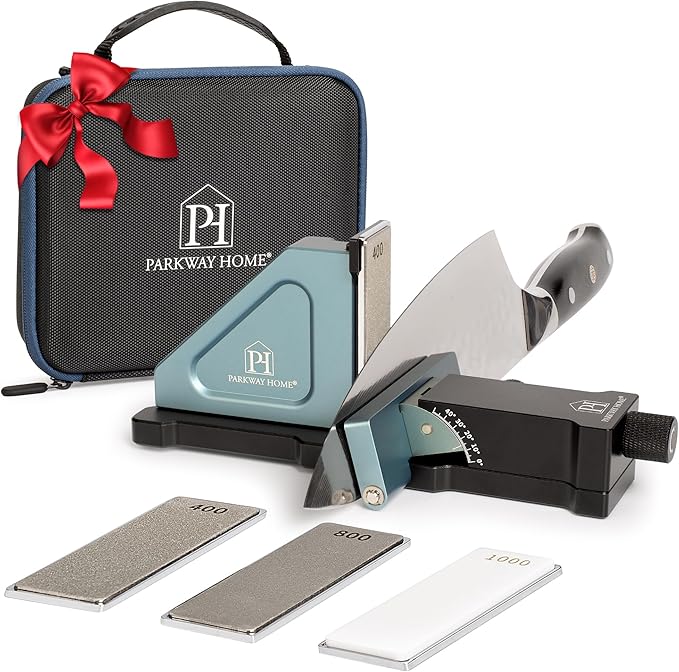 PATENTED ORIGINAL ADJUSTABLE ROLLING KNIFE SHARPENER KIT: Adjustable Height, 10° to 40° for 30 Angle Options, Removeable Diamond Plates with Travel Case - Kitchen Knife Sharpener by ParkwayHome