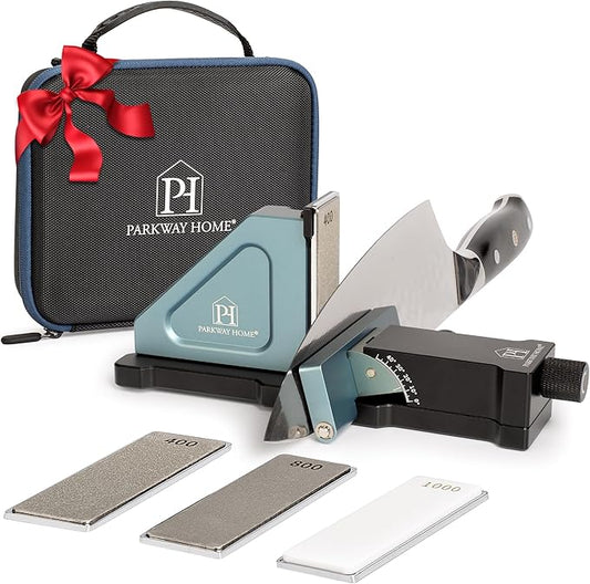 PATENTED ORIGINAL ADJUSTABLE ROLLING KNIFE SHARPENER KIT: Adjustable Height, 10° to 40° for 30 Angle Options, Removeable Diamond Plates with Travel Case - Kitchen Knife Sharpener by ParkwayHome
